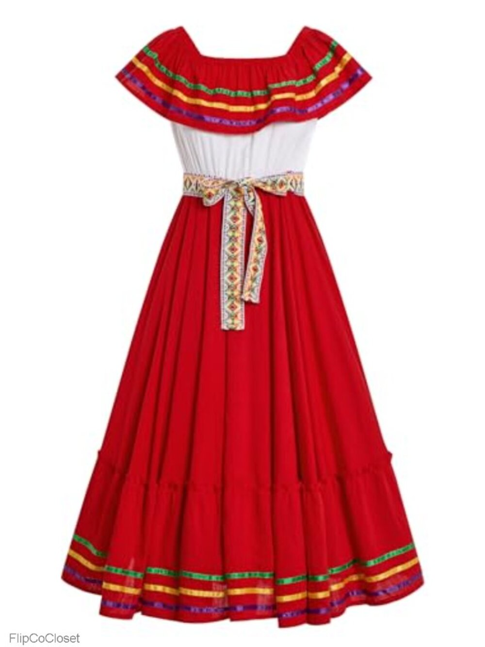 Mexican Folk Ruffle Maxi Dress Off Shoulder with Belt